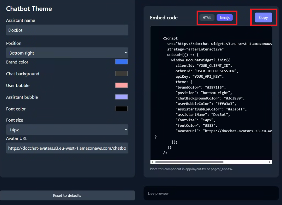 De insluitcode van de AI-chatbot kopiëren en plakken zonder code